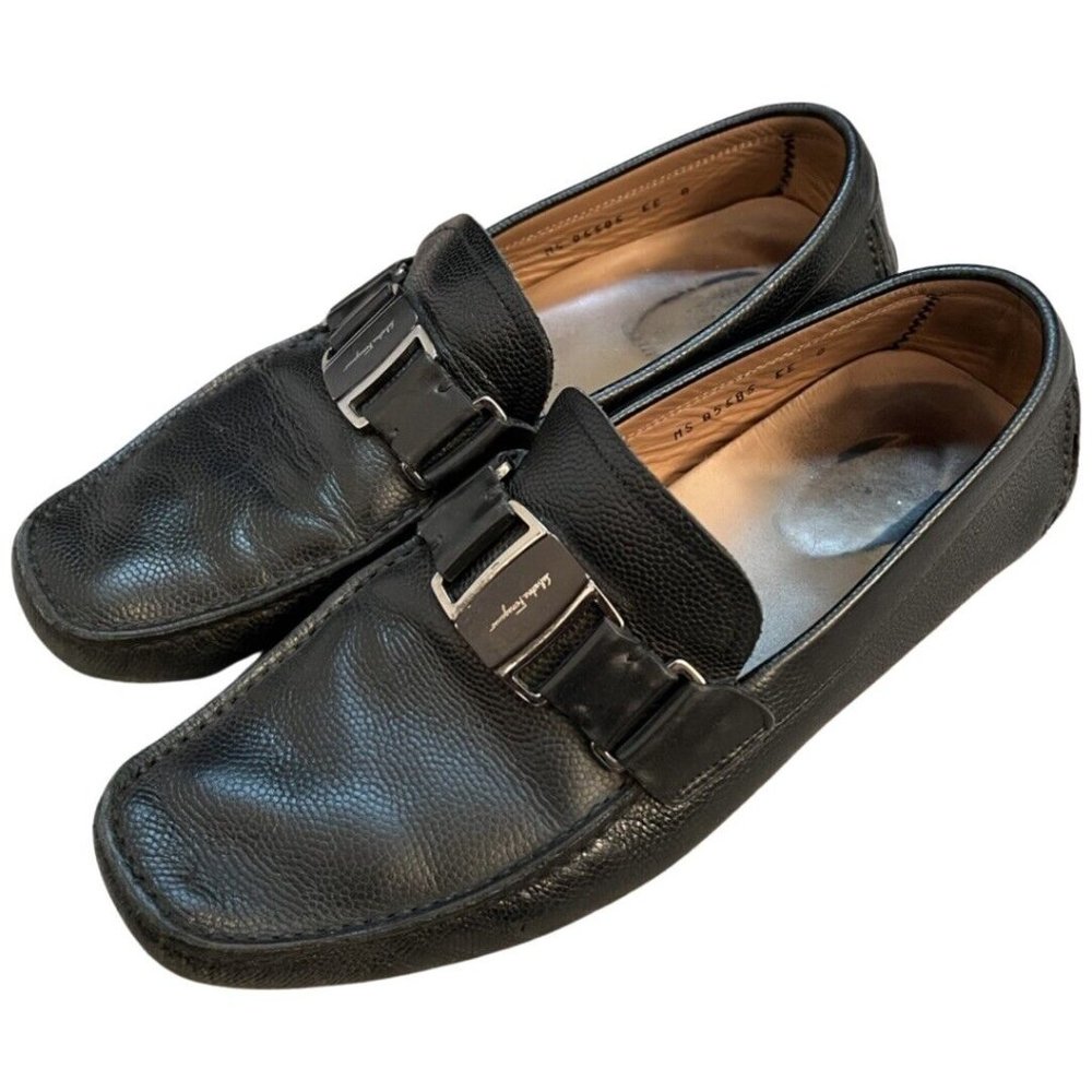 Salvatore Ferragamo Men's Buckle Leather Driver Loafers GUC Black US Size 8EE